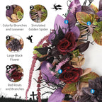 GarveeHome 18 Inch Halloween Wreath, Halloween Garland with Artificial Roses & Spiders, Indoor Outdoor Holiday Accent Decoration for Front Door Porch Wall Home Party Window, Red & Purple