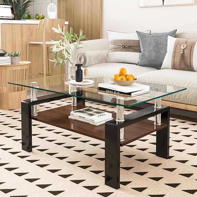 Tempered Glass Coffee Table Rectangle Living Room Center Table, with 39" Clear Top and Brown MDF Layer Black Metal Leg, for Small Space Apartment, Transparent+Brown