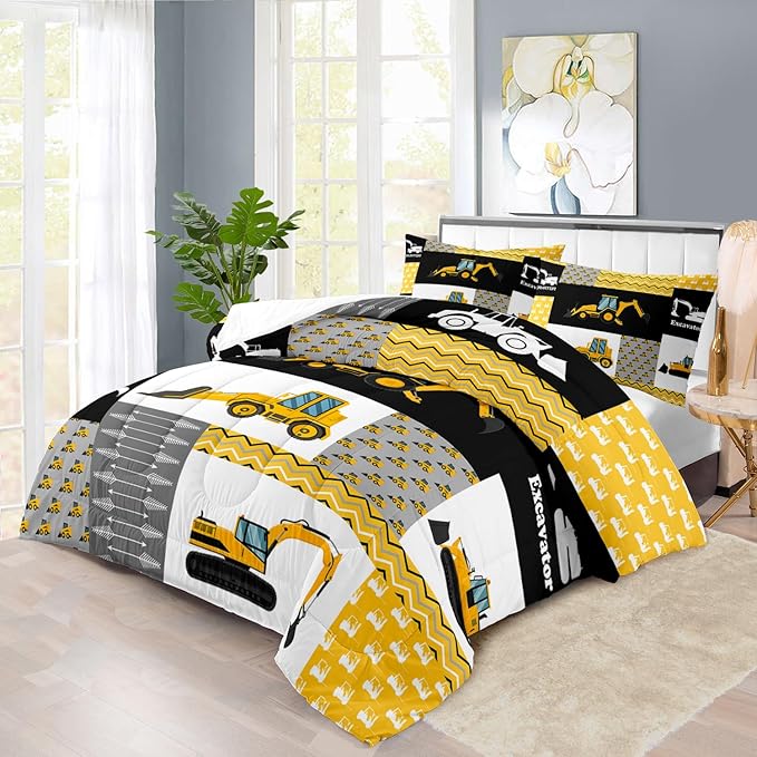 Construction Comforter Set Full Boys,Yellow Full Construction Bedding Set,Engineering Vehicles Comforter Yellow Bedroom Decor Kids,Truck Quilt Cartoon Truck Bedding for Teen