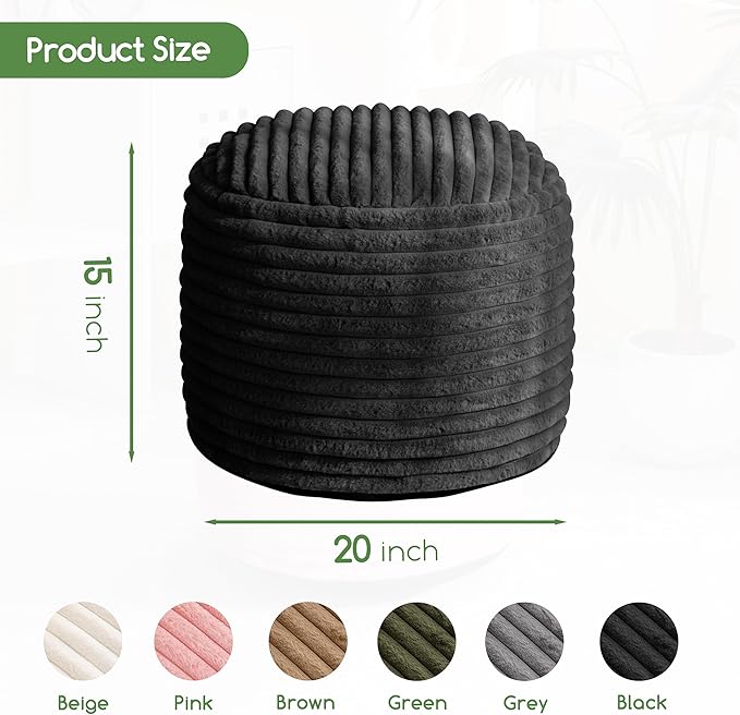 HIGOGOGO Round Stuffed Pouf Ottoman, Corduroy Poufs with High-Density Foam Filling, Furry and Fluffy Pouf Foot Stool Storage Ottoman, 20 X 15 Floor Poufs Foot Rest for Living Room, Black