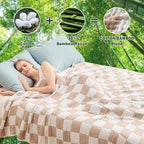 EMME Checkered Throw Blanket Cooling Cotton Blanket for Couch Soft Muslin Blankets 50"x60" Lightweight Breathable Cooling Soft All Season Gauze, Light Tan