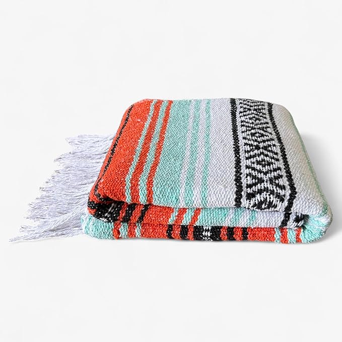 Traditional Handwoven Mexican Blanket, Large Falsa Serape - Soft & Durable - Vibrant Beach, Picnic, Yoga & Camping Mat - Lightweight Boho Throw 70"x50" (Sunset)