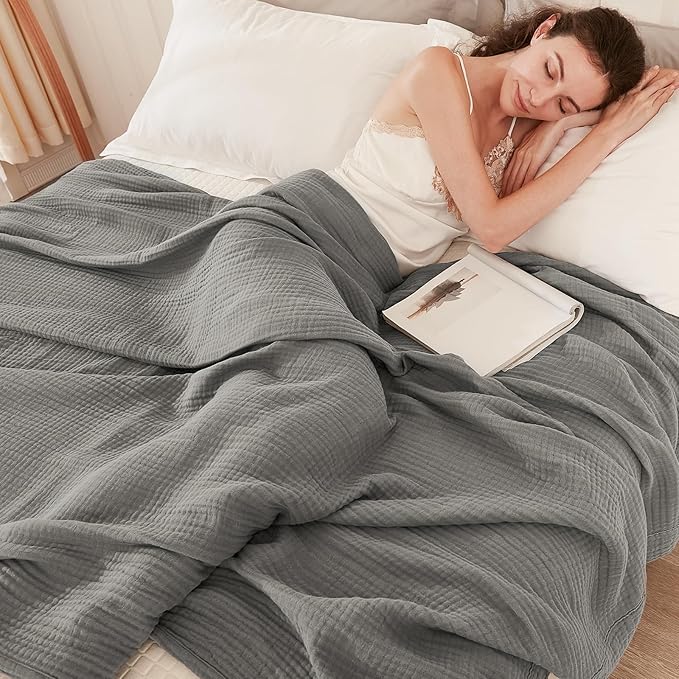 EMME Muslin Grey Twin Blanket 100% Cotton Bed Blankets for Adults and Baby 60"x80" Lightweight Soft Breathable All Season Solid Pre-Washed Gauze, Grey