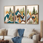 Tinonedraw Large Metal Mountain Framed Canvas Wall Art of 3, Boho Rustic Sunrise Forest Wall Decor, Modern Nature Country Artwork, Vintage Wilderness Art Print for Living Room Bedroom Office 16"x24"