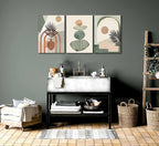 3 Pcs Mid Century Modern Boho Abstract Canvas Wall Art Neutral Green Bohemia Sun and Plant Pictures Wall Decor Posters Print Artwork for Living Room Bedroom Bathroom Office Home Decoration