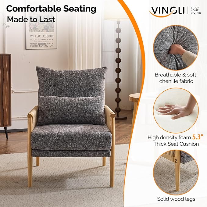VINGLI Boho Braid Accent Armchair,Mid-Century Modern Chiar with Solid Wooden Armrest,Comfy Louge Cushion Chair with Waist Pillow for Bedroom,Living Room,Reading Room, Gray