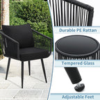 Kromax 3 Pieces Patio Rattan Bistro Conversation Set, Outdoor All-Weather Wicker Furniture Chairs and Side Table Set Ideal for Balcony, Porch and Backyard, Black