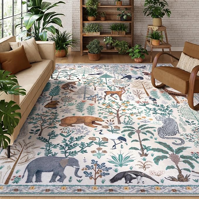 OJIA Jungle Living Room Rug 9x12 Washable Rugs for Bedroom, Ultra-Thin Modern Beige Non-Shedding Large Area Rug Playroom Rug Non-Slip Stain Resistant Accent Carpet for Kids Room Dining