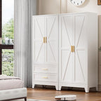 71'' Farmhouse Metal Wardrobe Cabinet with Hanging Rod, 2 Barn Door Wardrobe Closet with 5 Adjustable Shelves,Drawer,for Dining Room,Bedroom,Living Room, Cloak Room,Office (White)