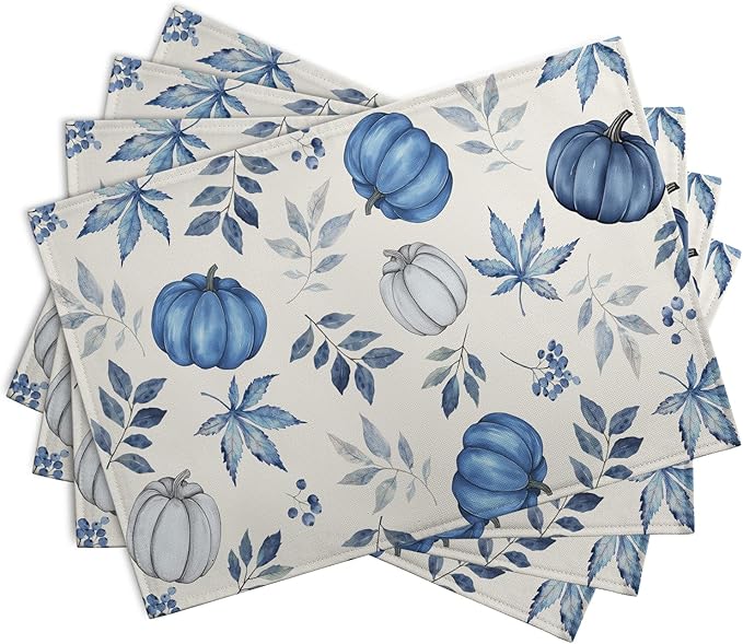 Blue Pumpkin Maple Leaves Fall Placemats Set of 4 Autumn Thanksgiving Harvest Linen Place Mat Non Slip Heat Resistant Washable Table Mats for Party Kitchen Dining Decoration