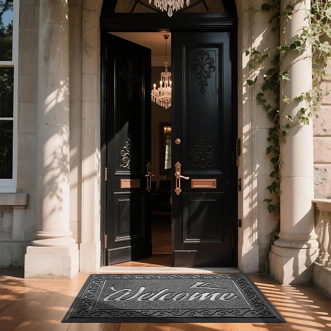 Yimobra Welcome Mat, Heavy Duty Sturdy Door Mats for Home Entrance Outdoor Indoor, Front Doormat for Outside Patio Floor Entry Porch Garage Office, Waterproof, Low Profile, 60 x 36, Black Grey