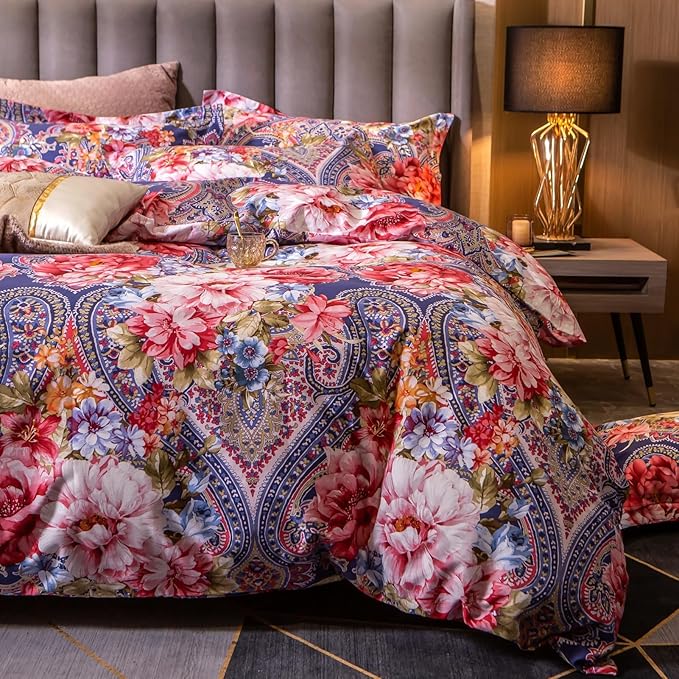ABREEZE Colorful Floral Duvet Cover Queen 100% Cotton Flower Duvet Cover 3 Piece Set 1 Multi-Colored Damask Paisley Duvet Cover with Zipper Ties 2 Pillowcases Luxury Soft Peony Print Bedding Set