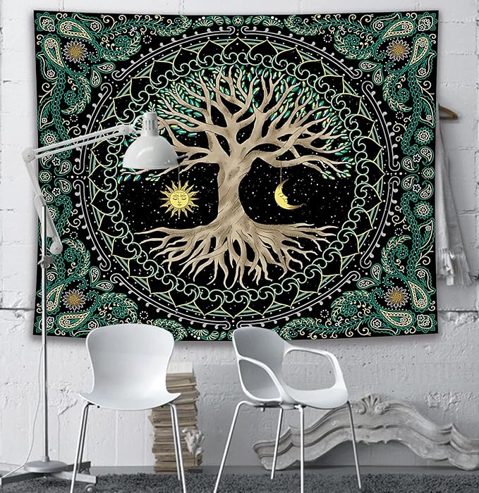 FORATER Tree of Life Wall Hanging - Aesthetic Sun and Moon Tapestry with Vintage Paisley Flowers (53 x 61 inches, Multicolor) for Bedroom, Living Room, Dorm