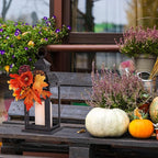 NEEDOMO Fall Decorations for Home, 15'' Fall Lantern Indoor Outdoor Thanksgiving Decor, Vintage Metal Hanging Candle Holders with Fall Teardrop Wreath and LED Candle for Patio, Porch, Table