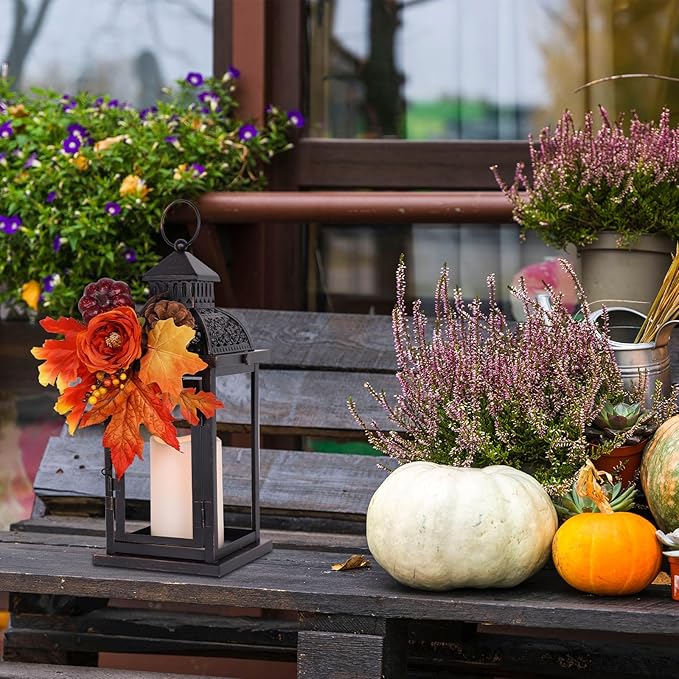 NEEDOMO Fall Decorations for Home, 15'' Fall Lantern Indoor Outdoor Thanksgiving Decor, Vintage Metal Hanging Candle Holders with Fall Teardrop Wreath and LED Candle for Patio, Porch, Table