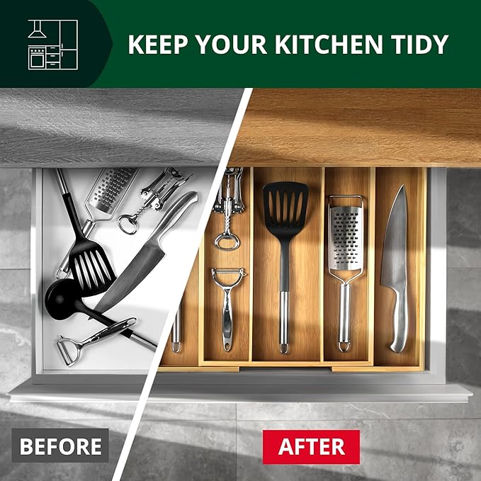 ROYAL CRAFT WOOD Luxury Bamboo Kitchen Drawer Organizer - Silverware Organizer - Utensil Holder and Cutlery Tray with Grooved Drawer Dividers for Flatware and Kitchen Utensils (5 Slot, Natural)