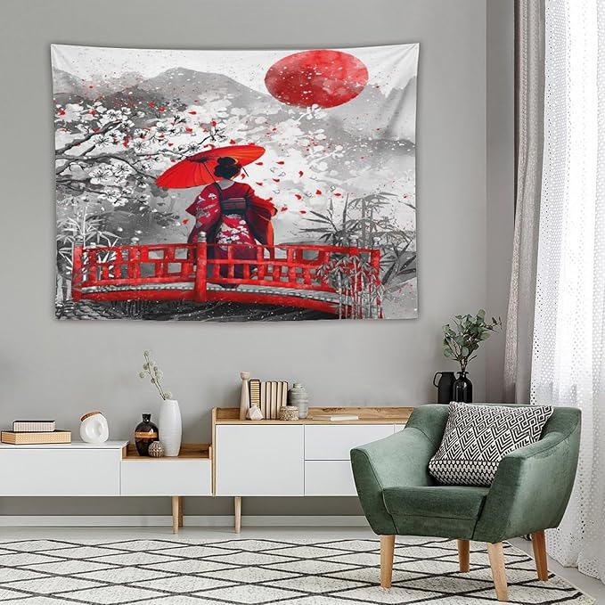 Japanese Red Geisha Tapestry Asian Cherry Blossom Red Sun Traditional Kimono Folk Tapestries Home Decor for Living Room Bedroom Apartment Farmhouse Dorm 80"x60"