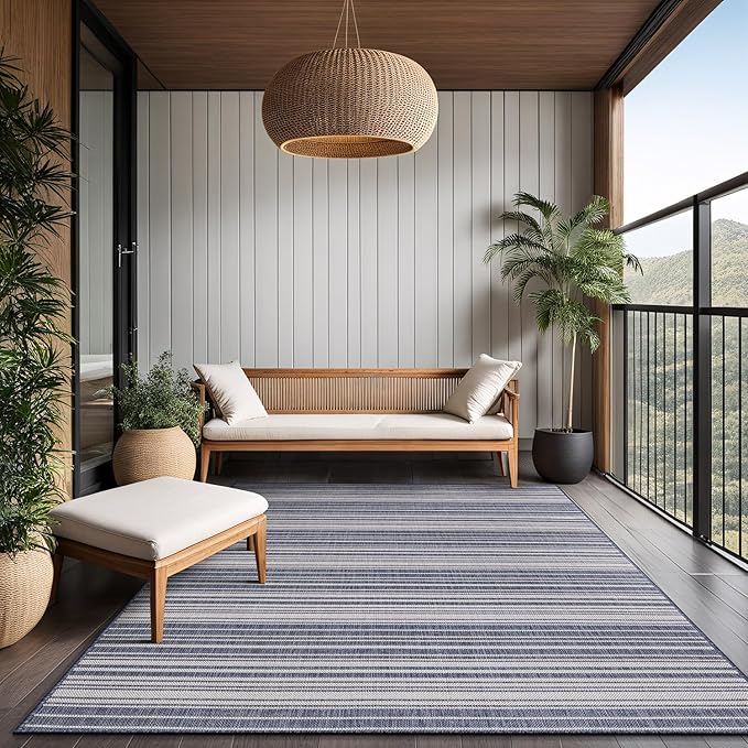 Stripe Outdoor Rug 10x14 Washable Outside Carpet for Indoor Patio Porch Waterproof Easy Cleaning Non Shedding Area Rugs Blue 10 x 14