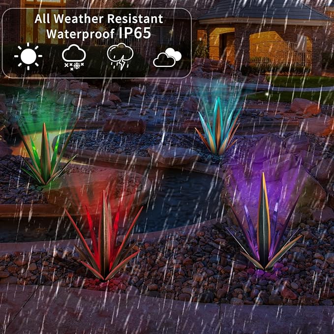 Large Tequila Rustic Sculpture, Rustic Metal Agave Plants for Outdoor Patio Yard, Home Decor Hand Painted Metal Agave Garden Yard Statue, Outdoor Lawn Ornaments (Black - L (W/Solar Light))