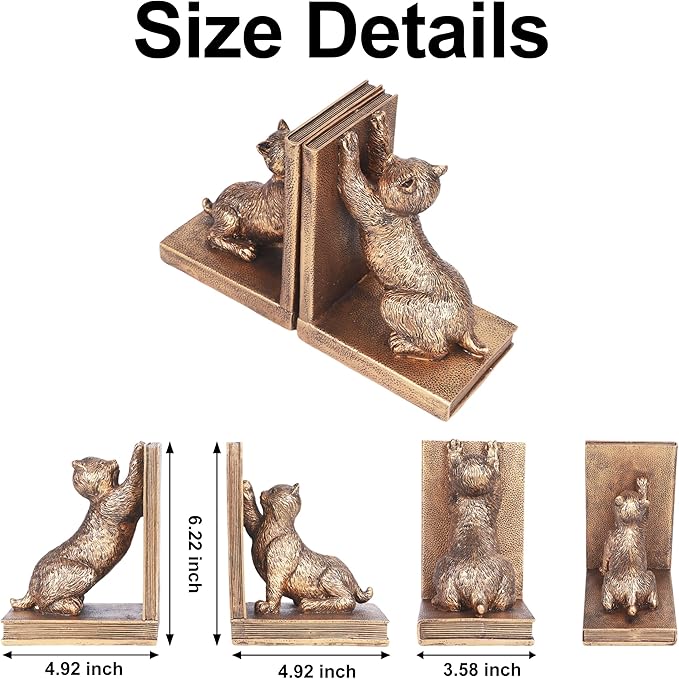 Book Ends for Shelves to Hold Books Heavy Duty,Decorative Bookend for Bookshelf Décor,Cute Animal Cat Book Stopper Cat Statues for Home, Office Desk Decoration,1pair