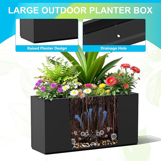 FENCY Metal Rectangular Planter Box, Large Planters for Outdoor Plants, Tall Planters for Outdoor Plants with Drainage Holes (32" L x 10" W x 16.3" H,Black)