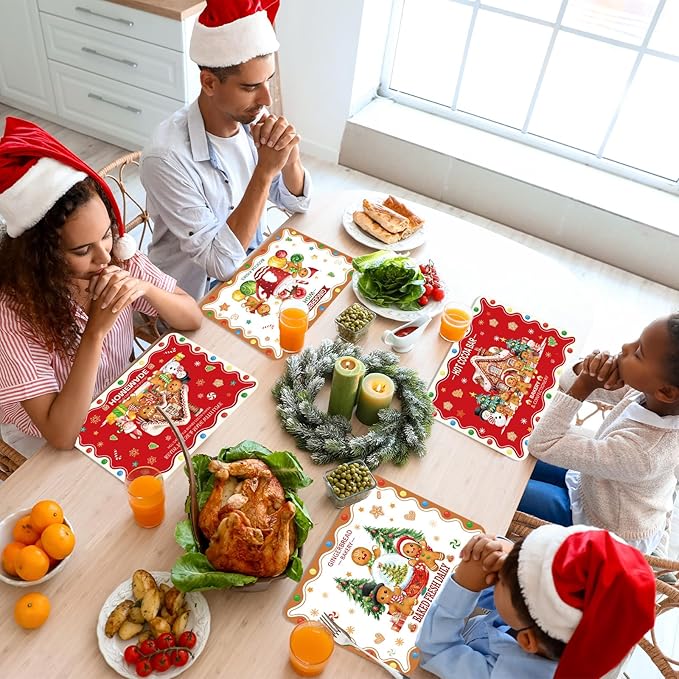 Christmas Placemats Set of 6 Christmas Retro Gingerbread Plastic Table Mats Xmas Bakery Gingerbread House Place Mats Winter Holiday Table Decoration for Indoor Outdoor Party Kitchen Dining