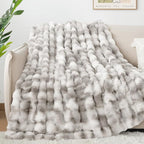Touchat Luxury 1000GSM Faux Rabbit Fur Throw Blanket, Super Heavy Warm Cozy Grey Blankets for Couch Bed Sofa, Ruched Plush Fuzzy Elegant Soft Reversible Mink Blanket for Living Room Bedroom