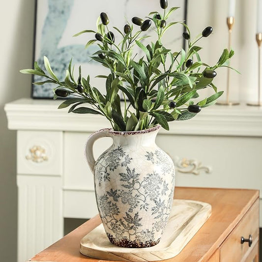 Enra Vintage vase with Handle,Blue and White Ceramic Decorative Flower vase, Chinoiserie Floral Vase,Large Rustic Vases for Home Decors, Living Room, Bookshelf, Office，9.7 inch