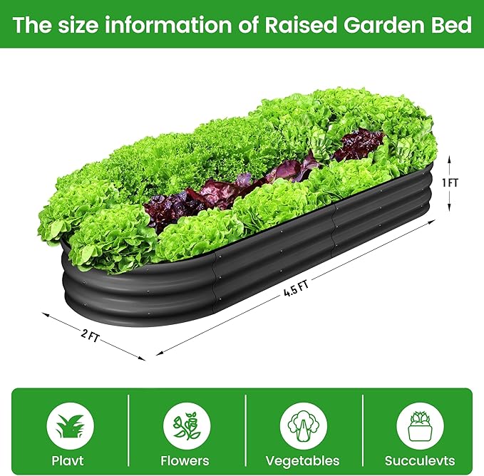 2 Pcs 4.5x2x1ft Oval Raised Garden Bed, Galvanized Raised Beds,Open-Ended Base Metal Raised Planter Beds,Garden Bed Outdoor,Planter Raised Boxes for Vegetables, Flowers,Tool-Free Asse,Gray