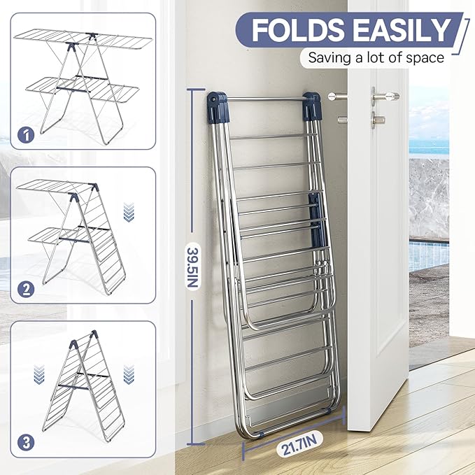 APEXCHASER Clothes Drying Rack with 4 Wings, Drying Rack Clothing with Height-Adjustable, Foldable Gullwings Laundry Drying Rack, Indoor Outdoor Use, No Assembly, Blue