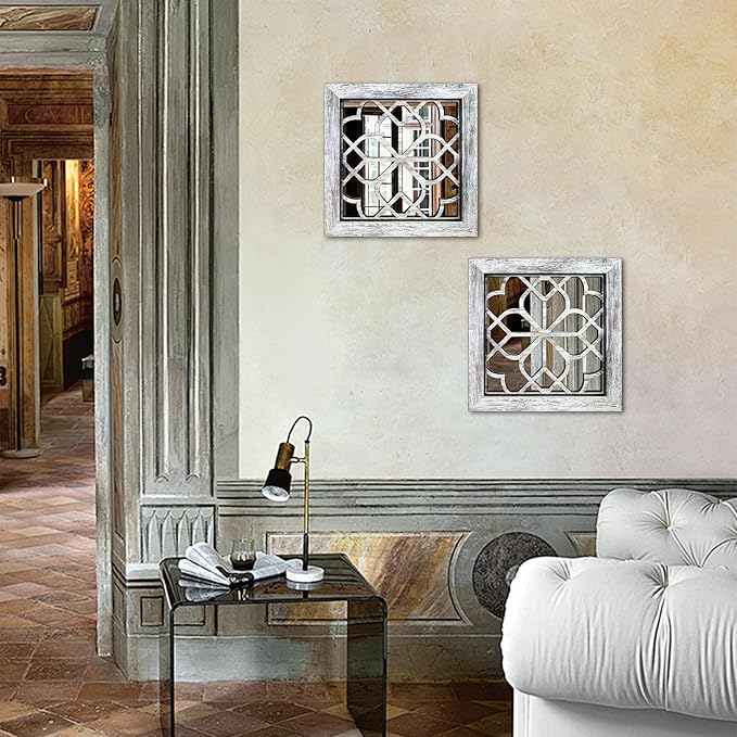 Boho Square Wall Mirrors Set of 2-12" x12'Decorative Mirrors for Wall Decor, BrownHandcrafted Mirror Panels Perfect for LivingRoom Bedroom Entryway Hallway (Grey)