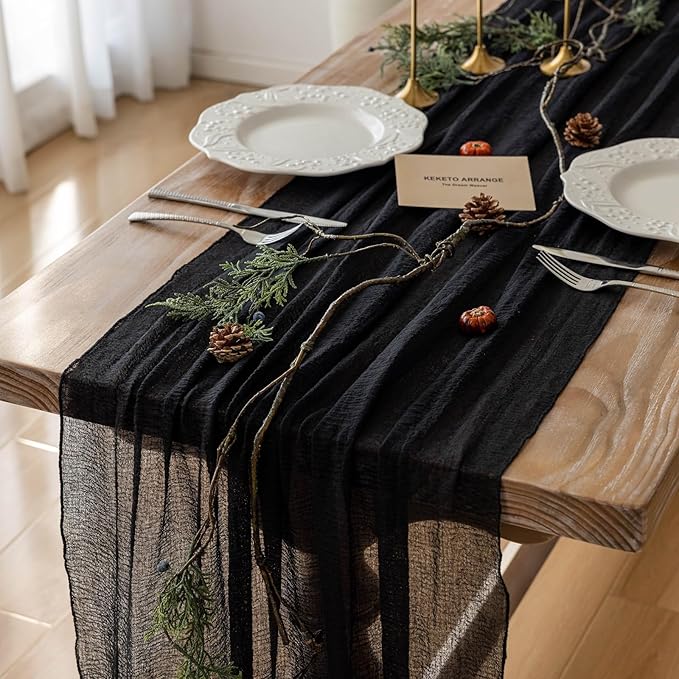 6pcs Halloween Table Runner Black Cheesecloth Gauze Rustic Premium Cotton Cheese Cloth Table Runner 120 Inch 10 FT for Wedding Bridal Baby Shower Long Sheer Boho Christmas Decorations