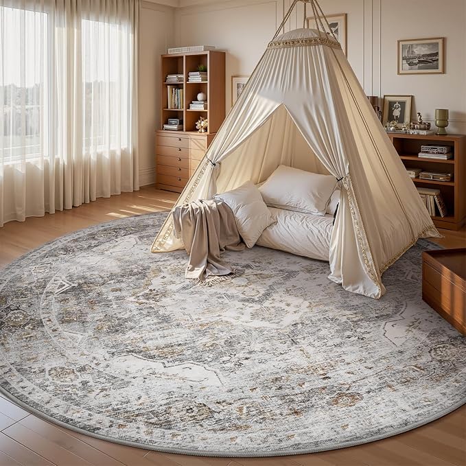 AMOAMI-6FT Round Rug-Rugs for Living Room-Vintage Soft Grey Rugs for Bedroom-Non Slip Circle Rug-Machine Washable Rug for Dining Room Living Room Bedroom Office Under Table