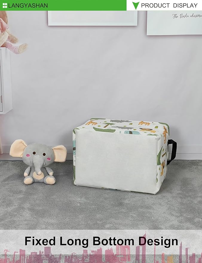 LANGYASHAN Rectangular Storage Bin Collapse Canvas Fabric Cartoon Storage Basket with Handles for Organizing Home Kitchen Boys and Girls Toys Office Closet Shelf Baskets (Rec animal)