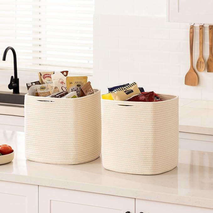 joybest Cube Storage Bins Set of 4, 13inch Cube Baskets Organizer for Nursery, Square Cotton Rope Baskets for Shelves Organizing, Kids Toy, Closet Storage, Beige