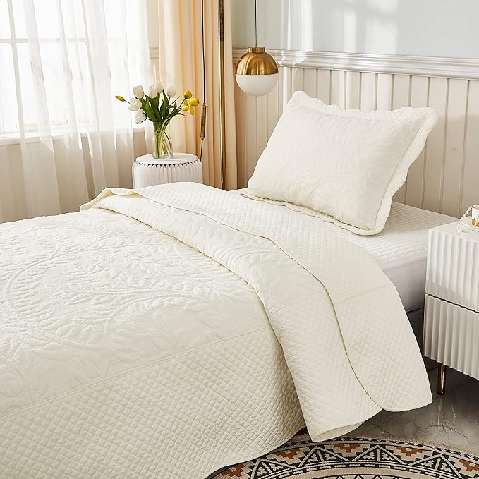 MarCielo 3-Piece 100% Cotton Oversized Bedspread Lightweight Quilt Coverlet Embroidery Farmhouse Bedding Set T0 (Bright White, Twin (68"x86"))
