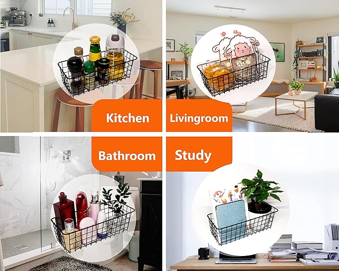 Joben Oligey 3 Set Hanging Wire Baskets ,Wall Mount Fruit Basket,No Drilling,Adhesive Small Metal Basket,Farmhouse Food Storage Mesh Bin Kitchen Pantry Laundry Bathroom Closet Garage RV ,Black