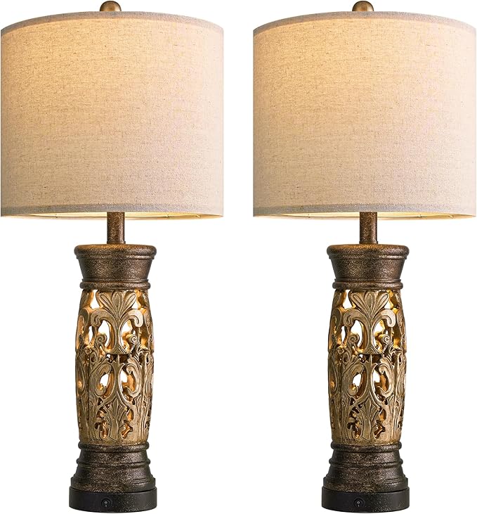 BOBOMOMO 27.25” Antique Gold Table Lamps Set of 2 – Farmhouse Bedside Lamps with Night Light & USB A+C Ports, Vintage Lamps for Bedroom, Living Room, Entryway, Nursery, Reading Nook(Bulbs Included