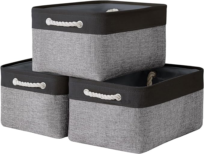 TheWarmHome Collapsible Storage Bin for Shelves - 16x12x8 inch Large 3 Pack Storage Basket for Organizing with Rope, Fabric Storage Cubes for Organizer Toy Cloth Gift Closet (Black & Grey)