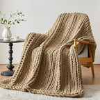 Chunky Knit Throw Blanket, 40''*50'' Knitted Throw Chenille Yarn for Bed Couch, Handmade Light Brown Crochet Big Thick Blanket, Machine Washable Cute Comfy Blanket for Home Decor