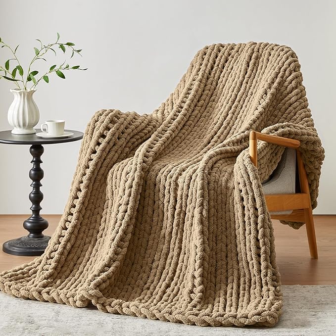 Chunky Knit Throw Blanket, 60''*80'' Knitted Throw Chenille Yarn for Bed Couch, Handmade Light Brown Crochet Big Thick Blanket, Machine Washable Cute Comfy Blanket for Home Decor