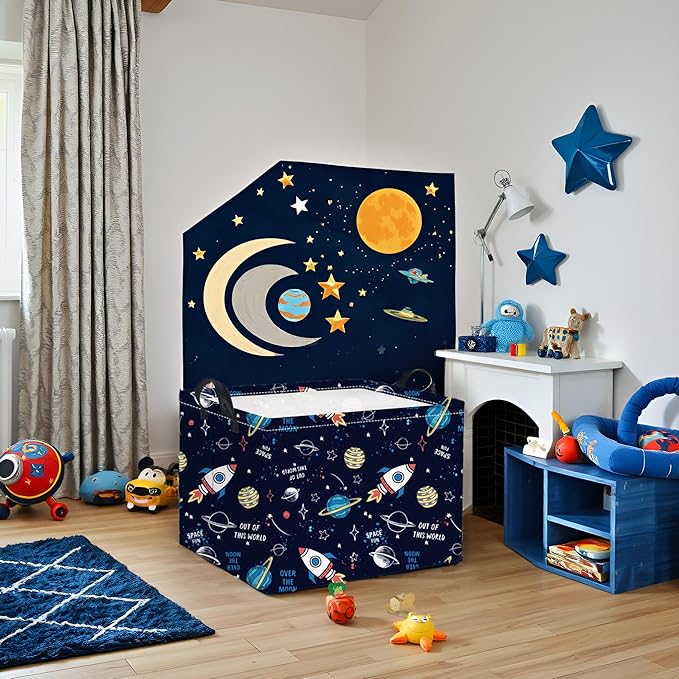 HIYAGON Rectangular Space Basket for Boys Baby Storage Basket Storage Bin Organizer Box Room Decor(Rocket Planet)