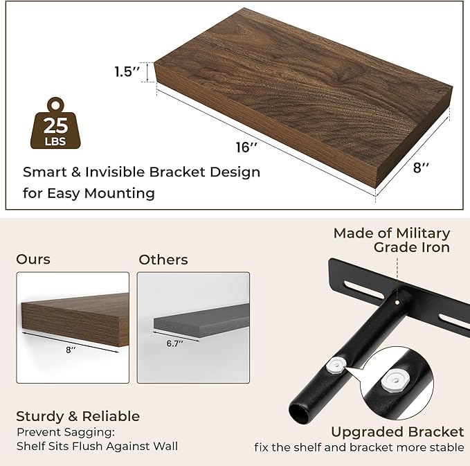 RICHFOCUS 16Inch Floating Shelves for Wall 2 Pack Shelves for Bedroom|Kitchen|Bathroom Wall Mounted Rustic Wood Floating Shelf with Invisible Brackets for Books|Storage|Decor, Walnut