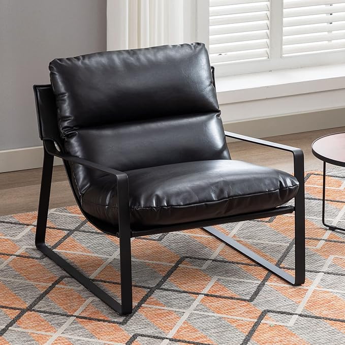 DUOMAY Mid-Century Accent Chair Armchair Set of 2, Comfy PU Leather Leisure Chair Lazy Chair with Metal Leg for Living Room Bedroom Office Apartment, Black