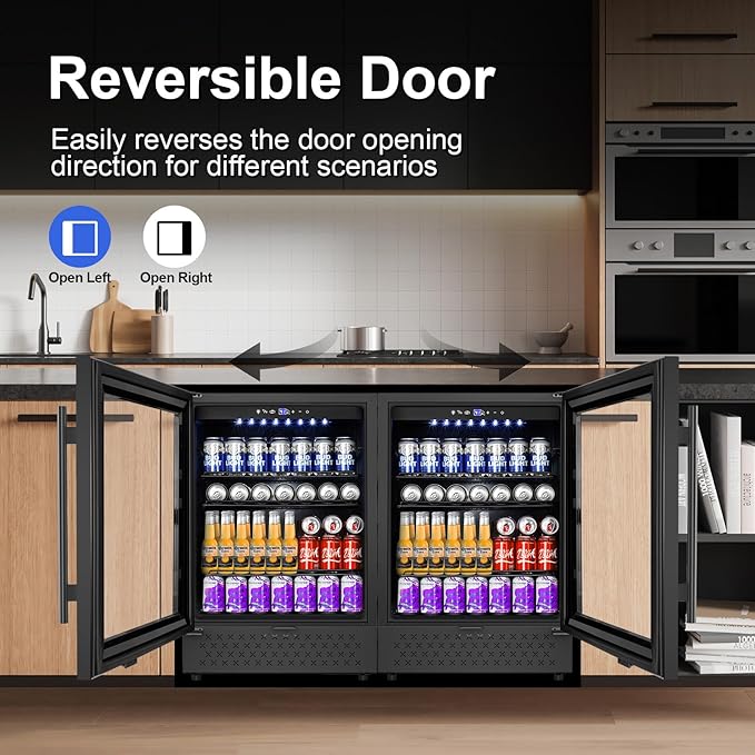 24 Inch Beverage Refrigerator, 5.2 Cu. Ft. Drink Refrigerator with Glass Door, 200 Cans Under Counter & Freestanding Drink Fridge, Reversible Door, Built-In Beverage Cooler for Kitchen, Bar or Office.