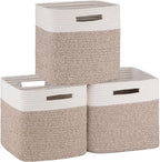 OIAHOMY Cube Storage Basket, 3-Pack Woven Cotton Rope Baskets, 11-Inch Cube Basket with Handles, Great for Shelves, Closets, Children's Toy Organization - White & Brown