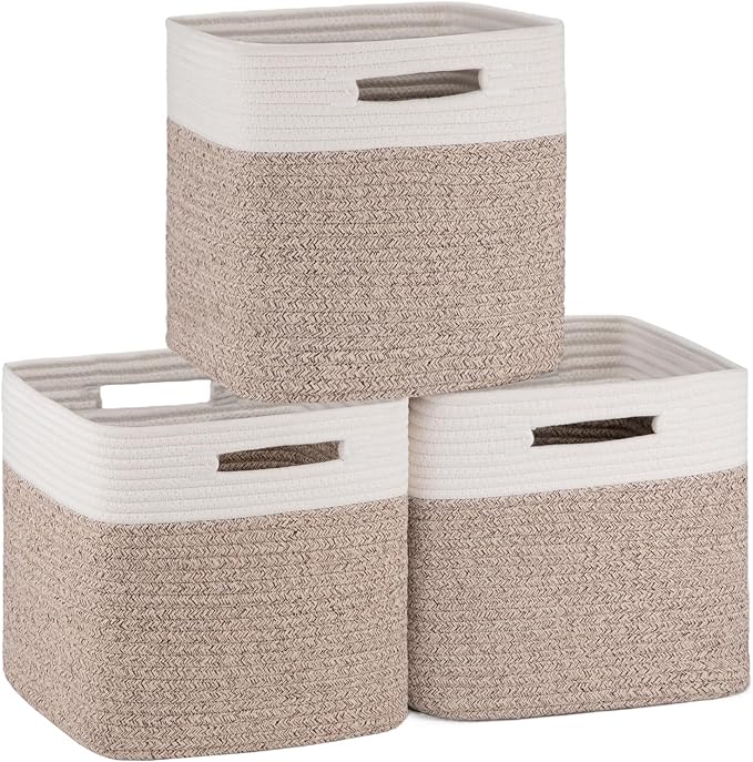 OIAHOMY Cube Storage Basket, 3-Pack Woven Cotton Rope Baskets, 11-Inch Cube Basket with Handles, Great for Shelves, Closets, Children's Toy Organization - White & Brown