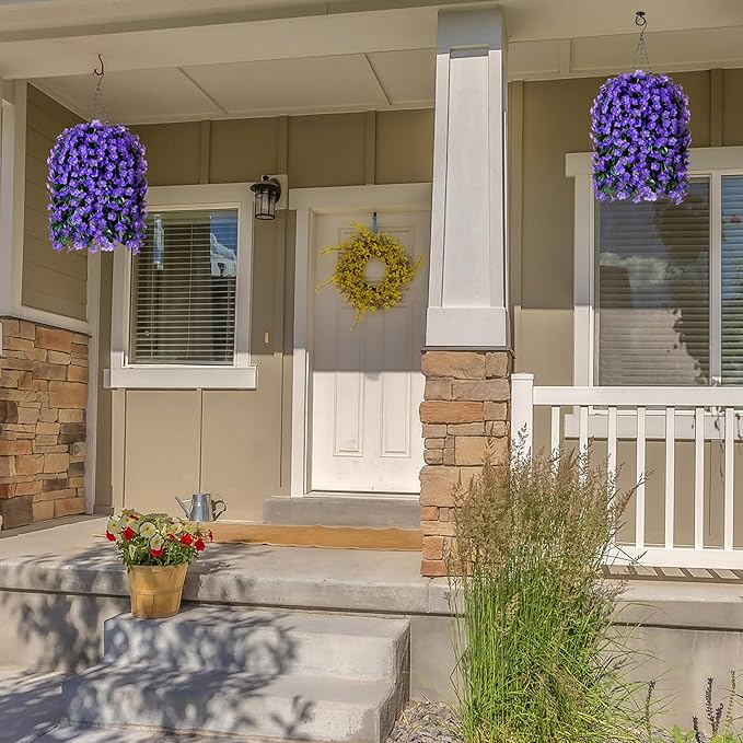 Artificial Fake Outdoor Hanging Flowers Plants Basket for Outside Porch Decoration, Fake Silk UV Resistant Look Real Purple Orchid Traing Vines for Home Balcony Yard Patio Garden Decor