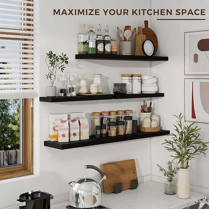 36 inch Floating Shelves Wall Shelves for Office with Invisible Brackets, 8 inch Deep Shelves for Bathroom, Living Room, Kitchen, Office, 36x7.9 inch deep Set of 2, Black