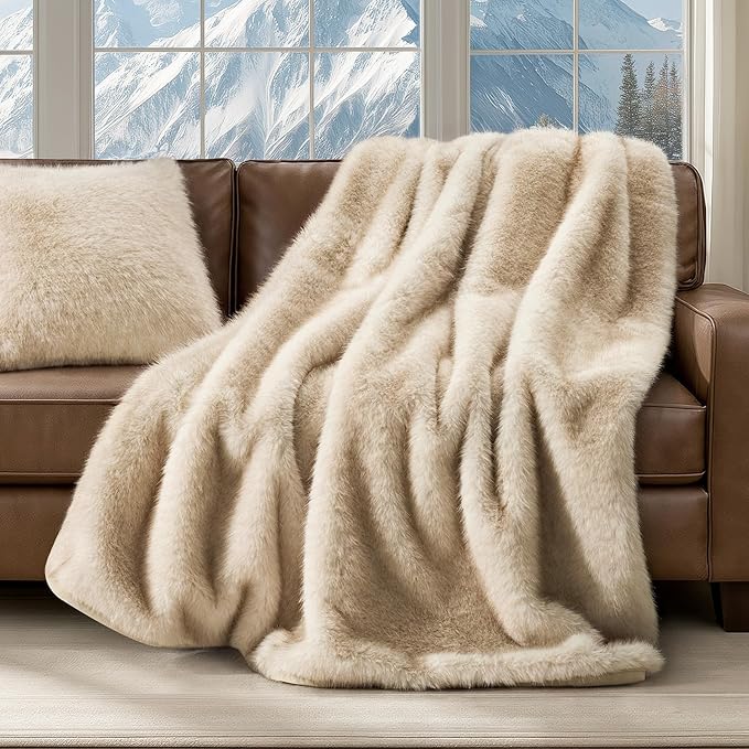 Luxury Faux Fur Throw Blanket, Soft Fluffy Faux Mink Blankets for Bed, Couch, Sofa, Thick Cozy Plush Warm Fur Throws with Reversible Velvet, Tipped Golden Fox, 50"x60"